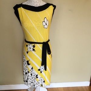 Eva Franco Yellow Floral Black Tie-waist Dress